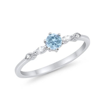 Petite Dainty Wedding Ring Round Simulated Aquamarine CZ 925 Sterling Silver